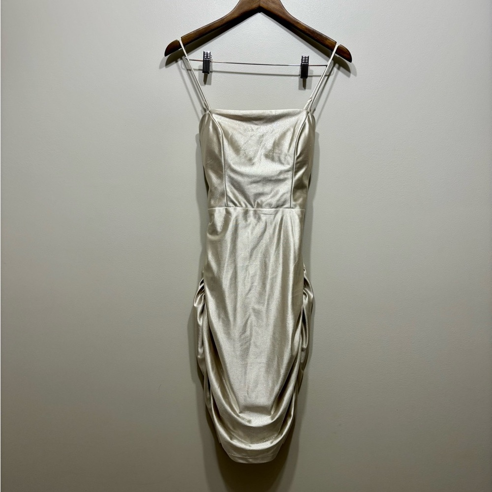 Next Up Lace Up Back Ruched Mini Dress Gold Shimmer Formal Size Medium - Picture 12 of 12